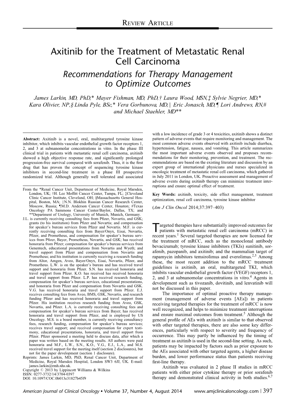 Axitinib for the Treatment of Metastatic Renal Cell Carcinoma Recommendations for Therapy Management to Optimize Outcomes