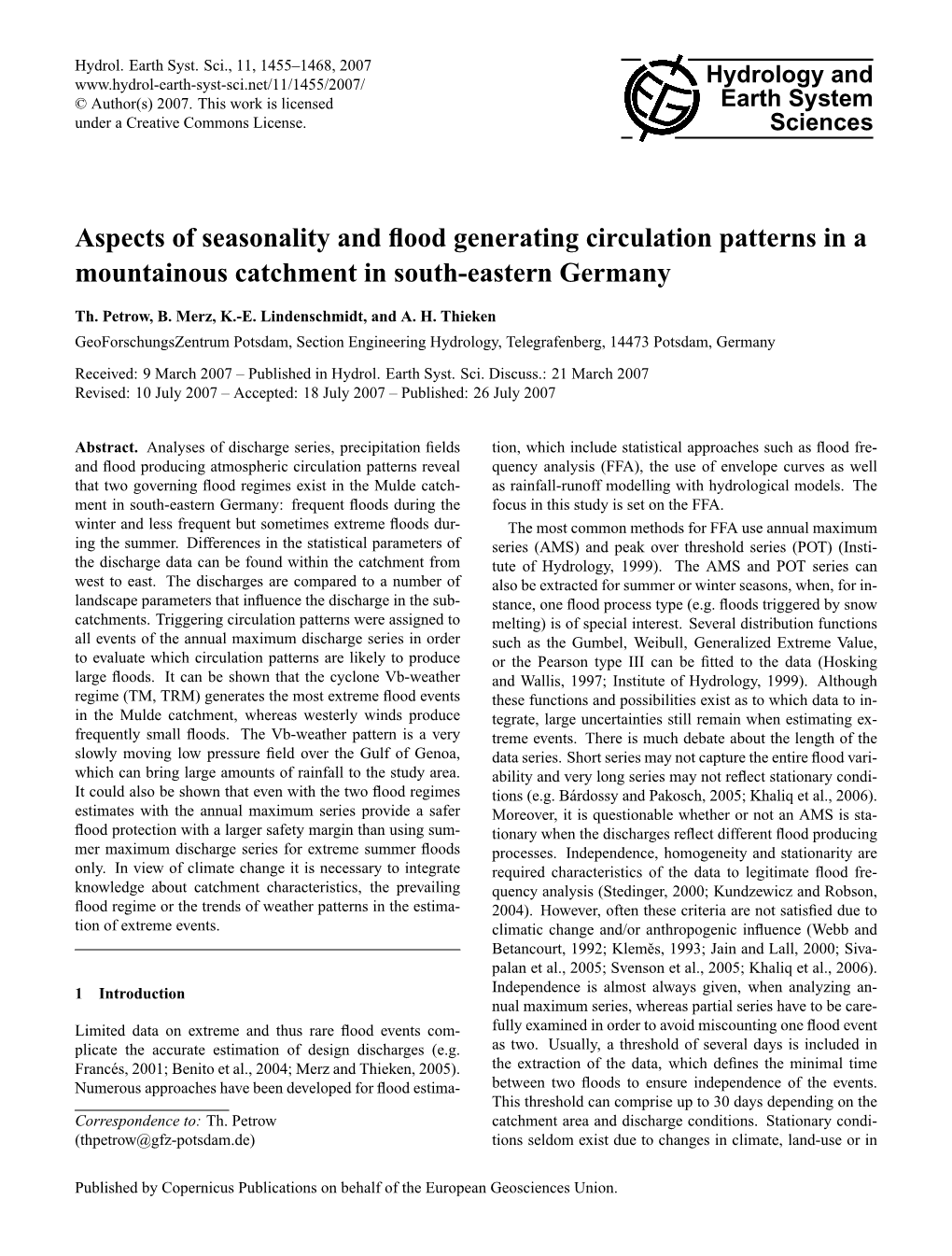 Aspects of Seasonality and Flood Generating Circulation Patterns in A