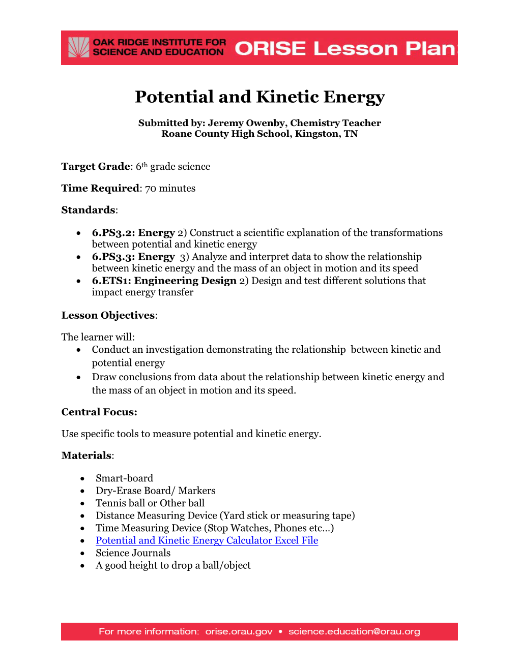 ORISE Lesson Plan: Potential and Kinetic Energy