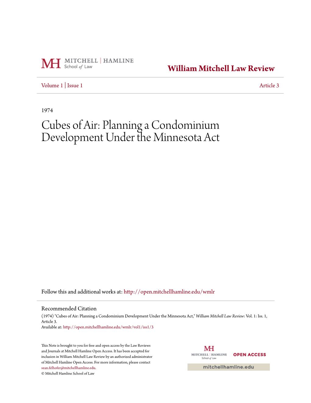 Cubes of Air: Planning a Condominium Development Under the Minnesota Act