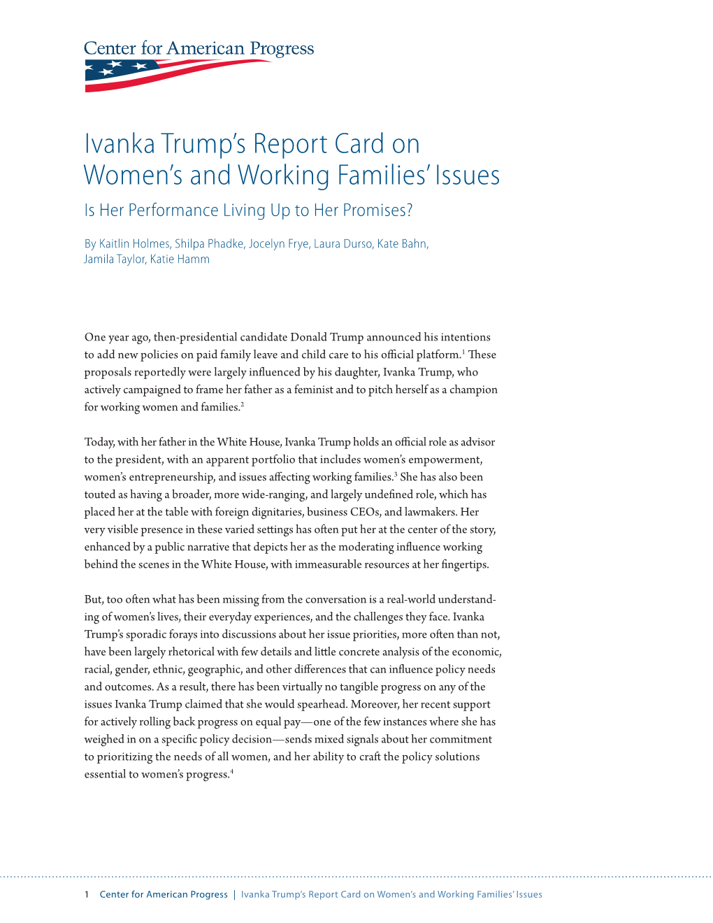 Ivanka Trump's Report Card on Women's and Working Families