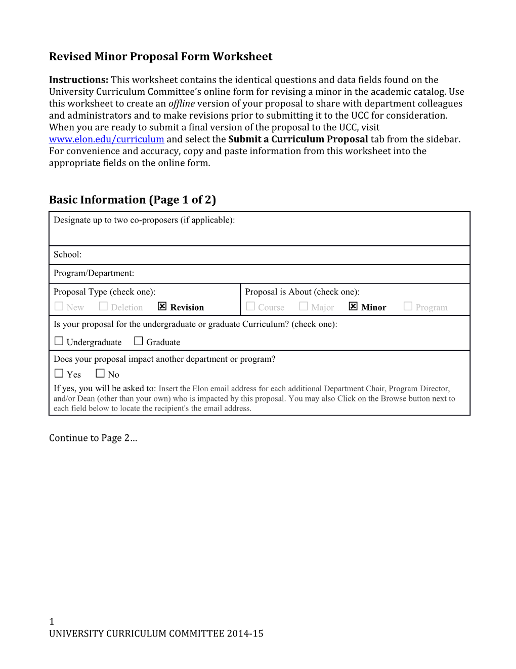 Revised Minor Proposal Form Worksheet