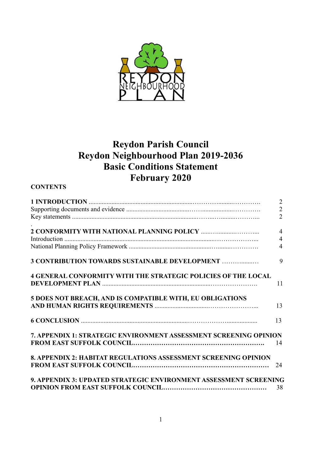 Reydon Parish Council Reydon Neighbourhood Plan 2019-2036 Basic Conditions Statement February 2020 CONTENTS