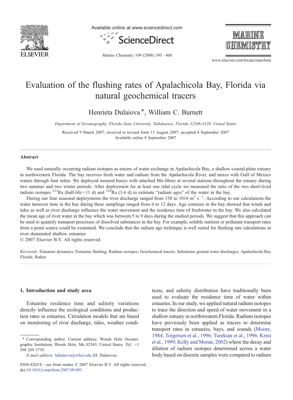 Evaluation of the Flushing Rates of Apalachicola Bay, Florida Via Natural Geochemical Tracers