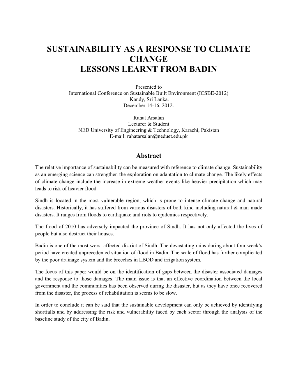 Sustainability As a Response to Climate Change Lessons Learnt from Badin