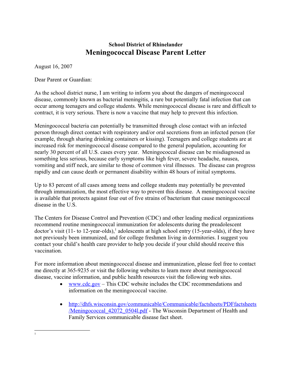 Sample Parent Letter for Meningitis