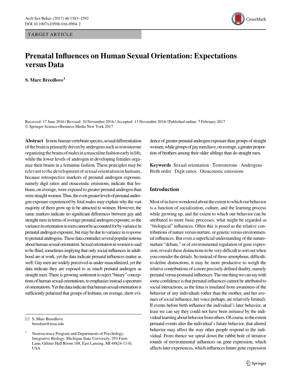 Prenatal Influences on Human Sexual Orientation