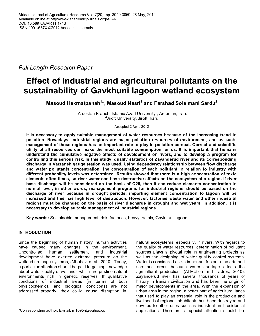 Effect of Industrial and Agricultural Pollutants on the Sustainability of Gavkhuni Lagoon Wetland Ecosystem