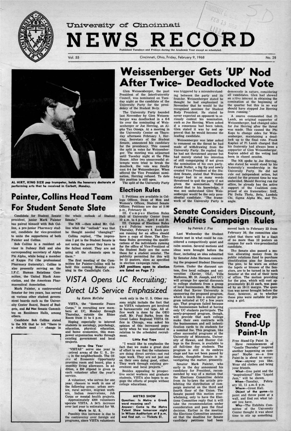 University of Cincinnati News Record. Friday, February 9, 1968. Vol. LV