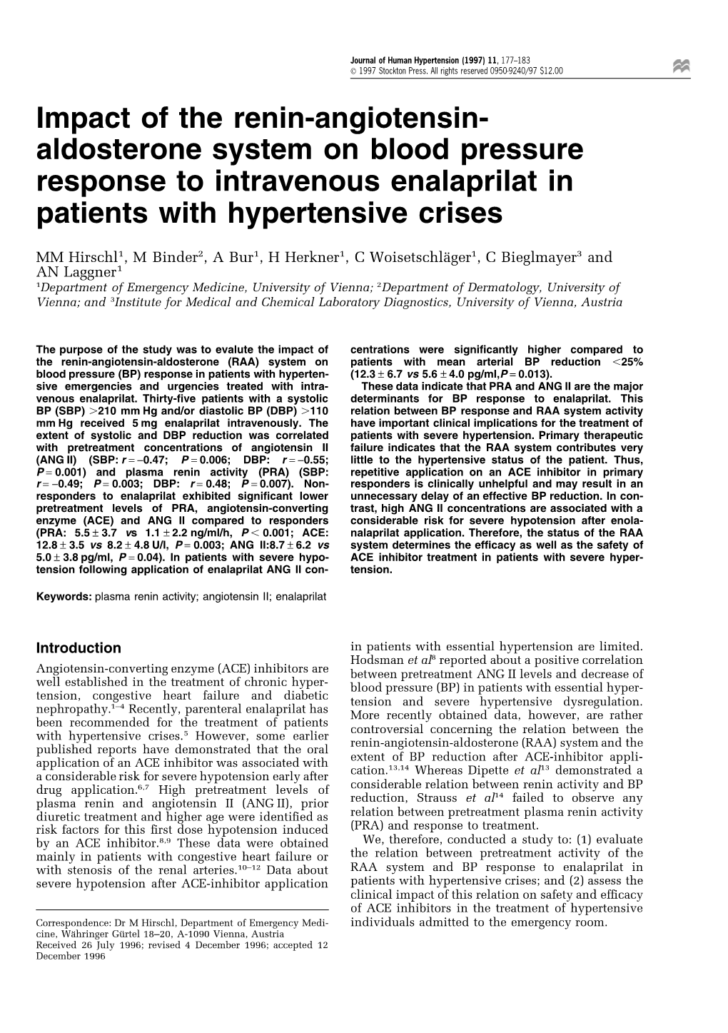 Impact of the Renin-Angiotensin- Aldosterone System on Blood Pressure Response to Intravenous Enalaprilat in Patients with Hypertensive Crises