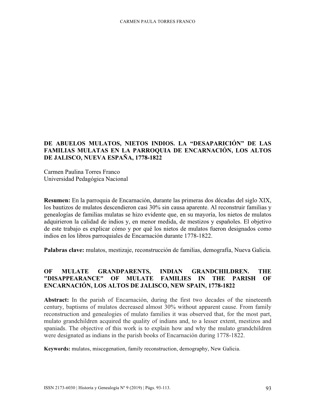 De Abuelos Mulatos, Nietos Indios. La “Desaparición” De Las Familias Mulatas En La Parroquia De Encarnación, Los Altos De Jalisco, Nueva España, 1778-1822