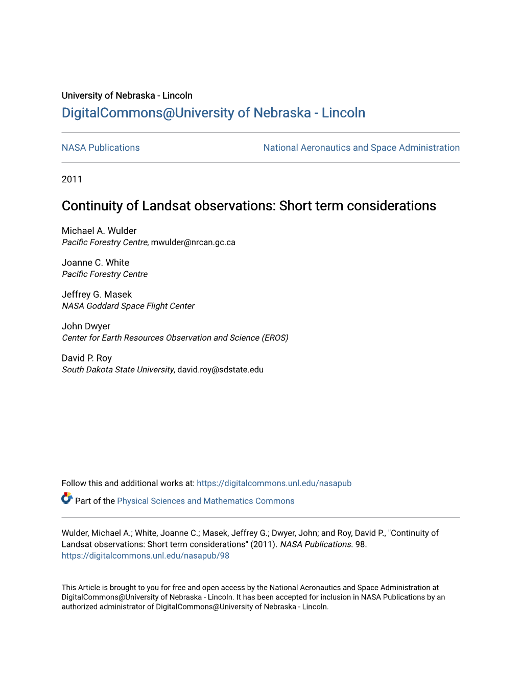 Continuity of Landsat Observations: Short Term Considerations