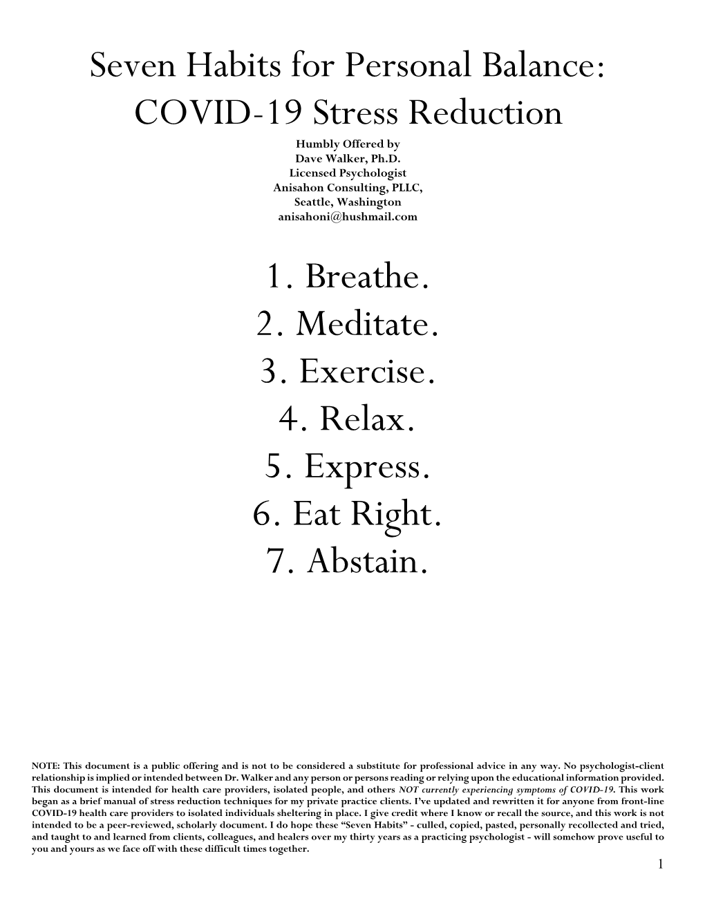 Seven Habits for Personal Balance: COVID-19 Stress Reduction 1