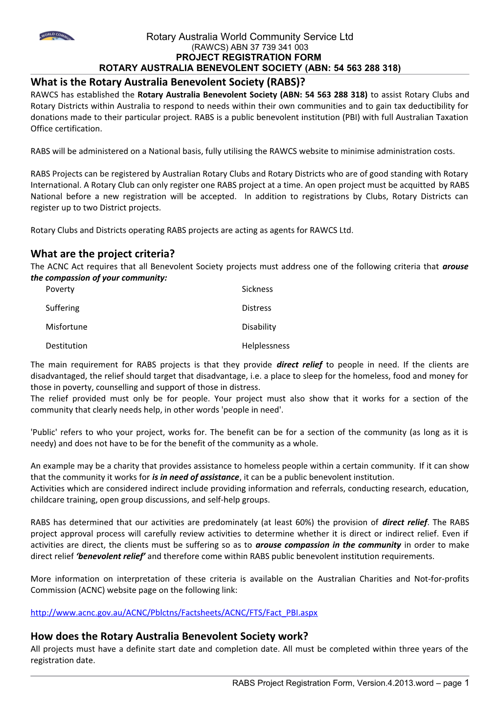 RAWCS Project Funding Form