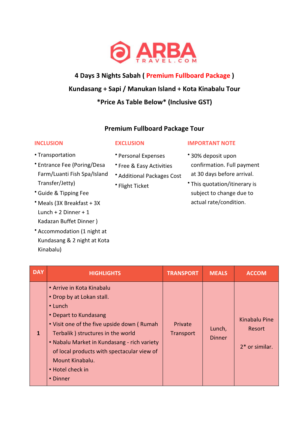 4 Days 3 Nights Sabah ( Premium Fullboard Package ) Kundasang + Sapi / Manukan Island + Kota Kinabalu Tour *Price As Table Below* (Inclusive GST)