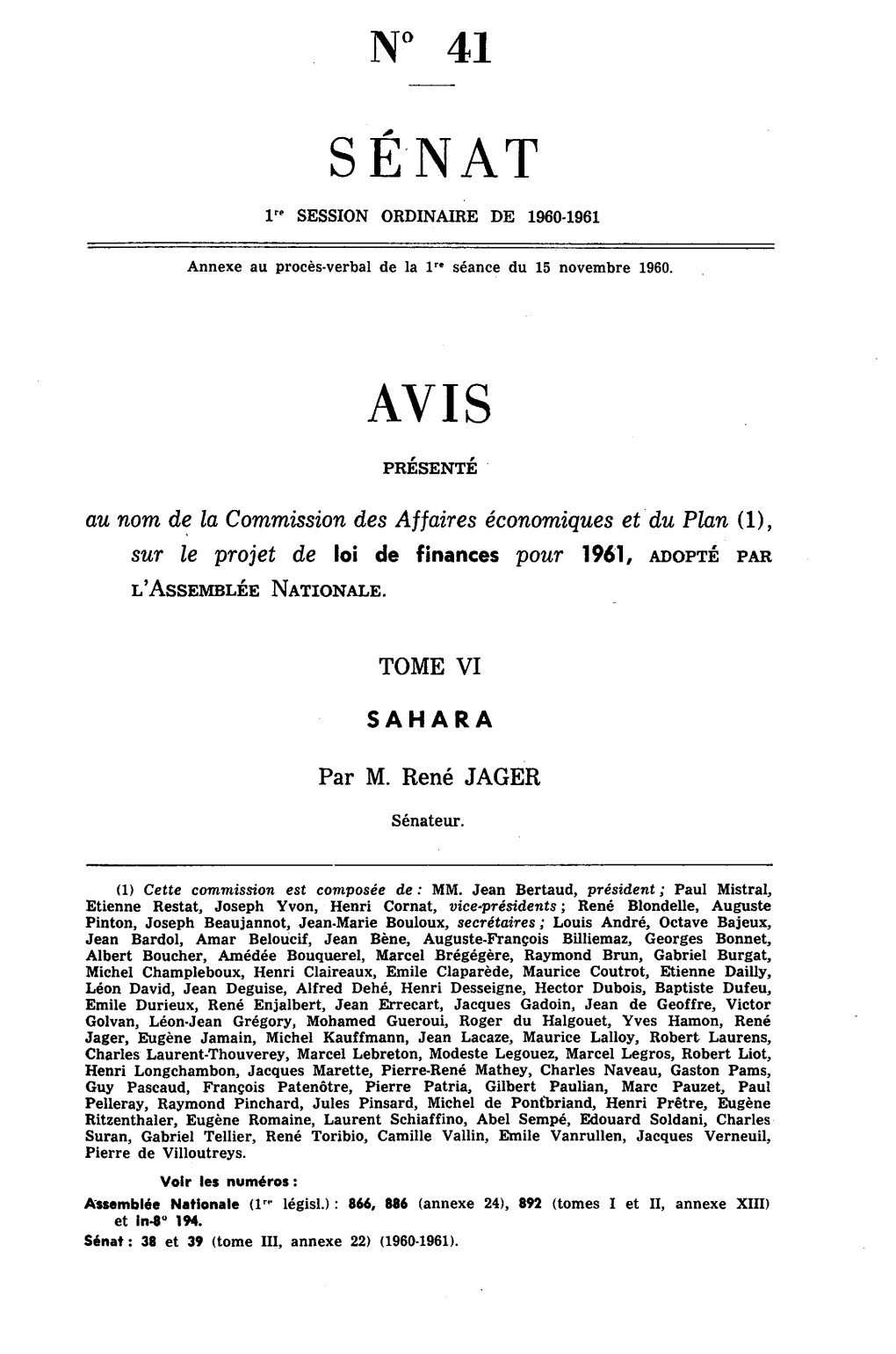 Sur Le Projet De Loi De Finances Pour 1961, ADOPTÉ