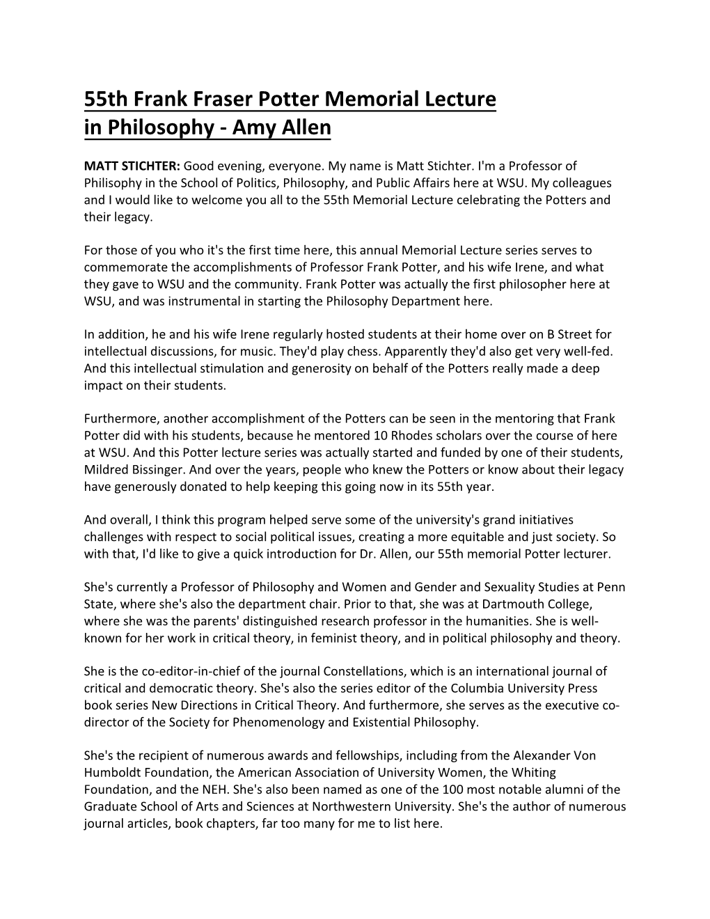 55Th Frank Fraser Potter Memorial Lecture in Philosophy - Amy Allen