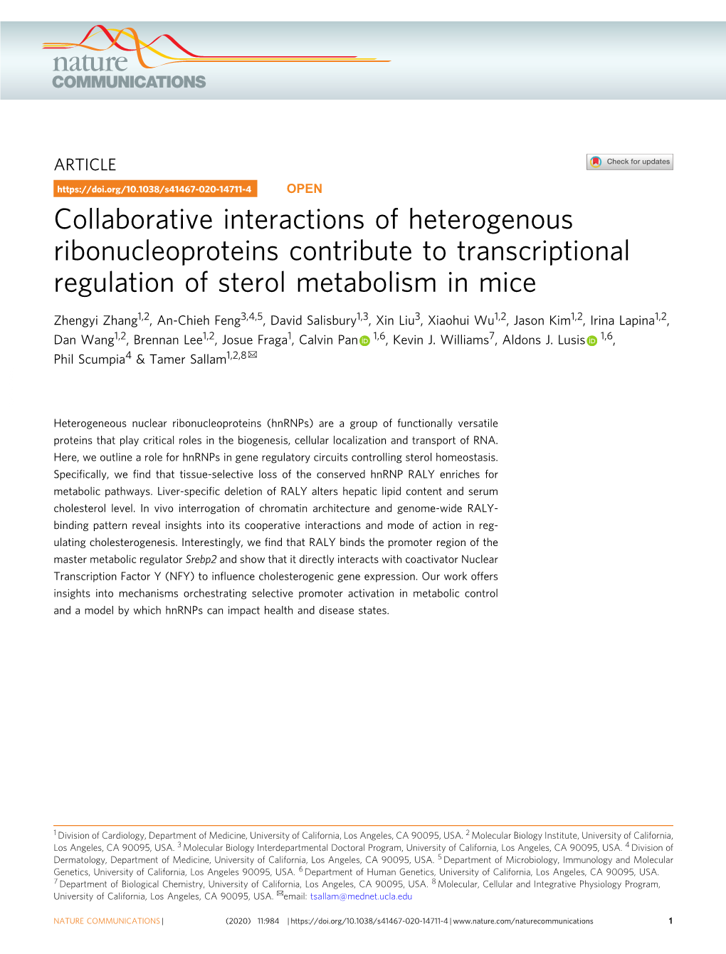 Collaborative Interactions of Heterogenous Ribonucleoproteins Contribute to Transcriptional Regulation of Sterol Metabolism in Mice