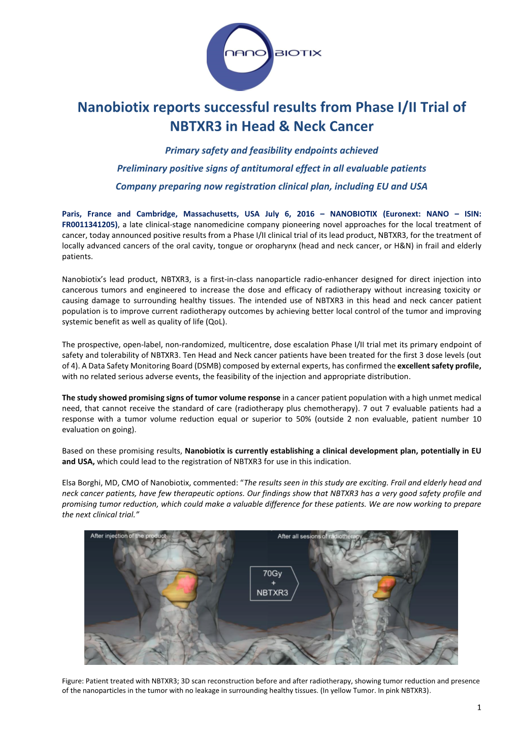 Nanobiotix Reports Successful Results from Phase I/II Trial of NBTXR3 in Head & Neck Cancer