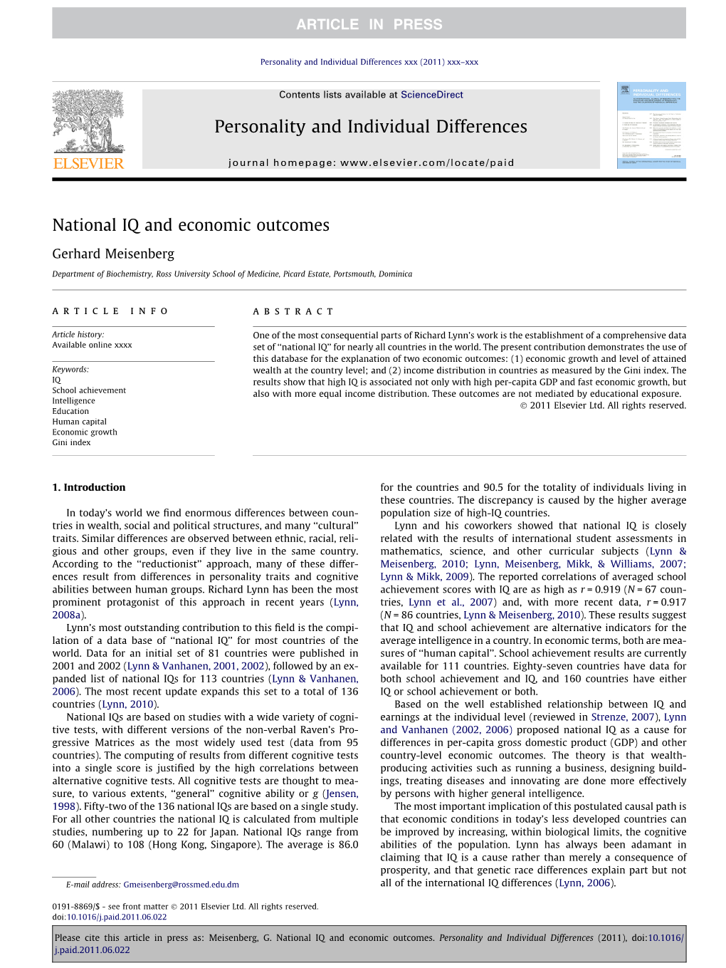 National IQ and Economic Outcomes