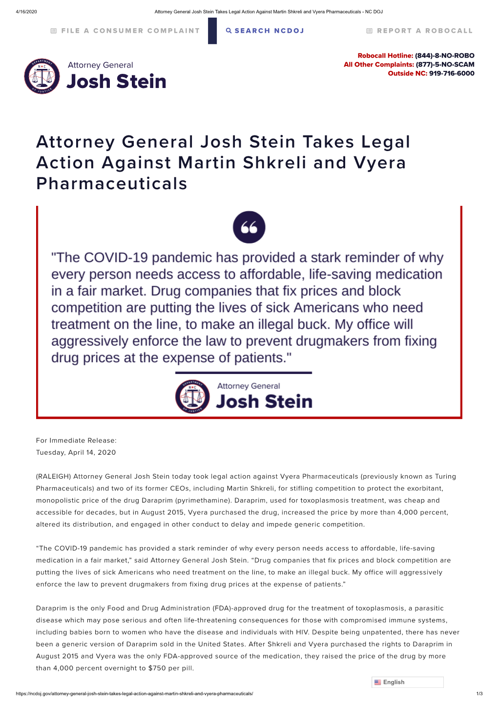 Attorney General Josh Stein Takes Legal Action Against Martin Shkreli and Vyera Pharmaceuticals - NC DOJ