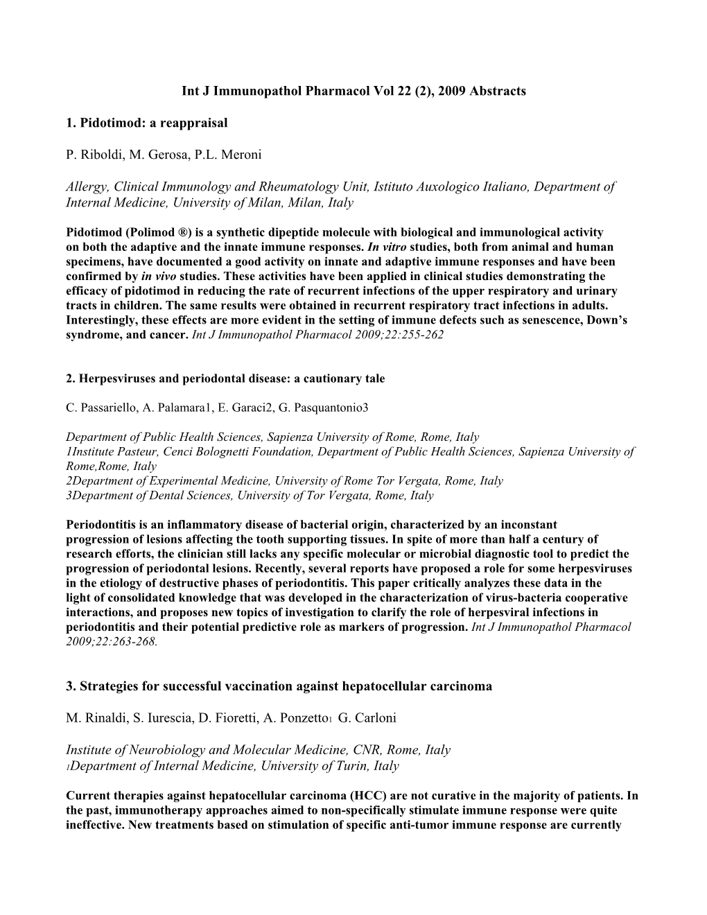 Int J Immunopathol Pharmacol Vol 22 (2), 2009 Abstracts