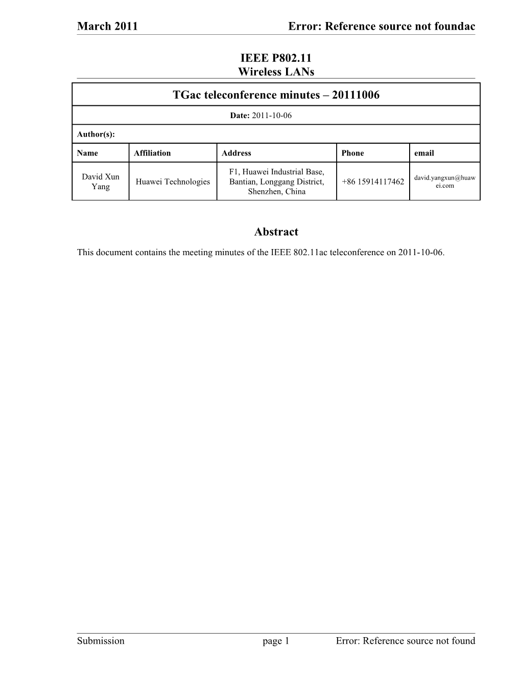 This Document Contains the Meeting Minutes of the IEEE 802.11Ac Teleconference on 2011-10-06