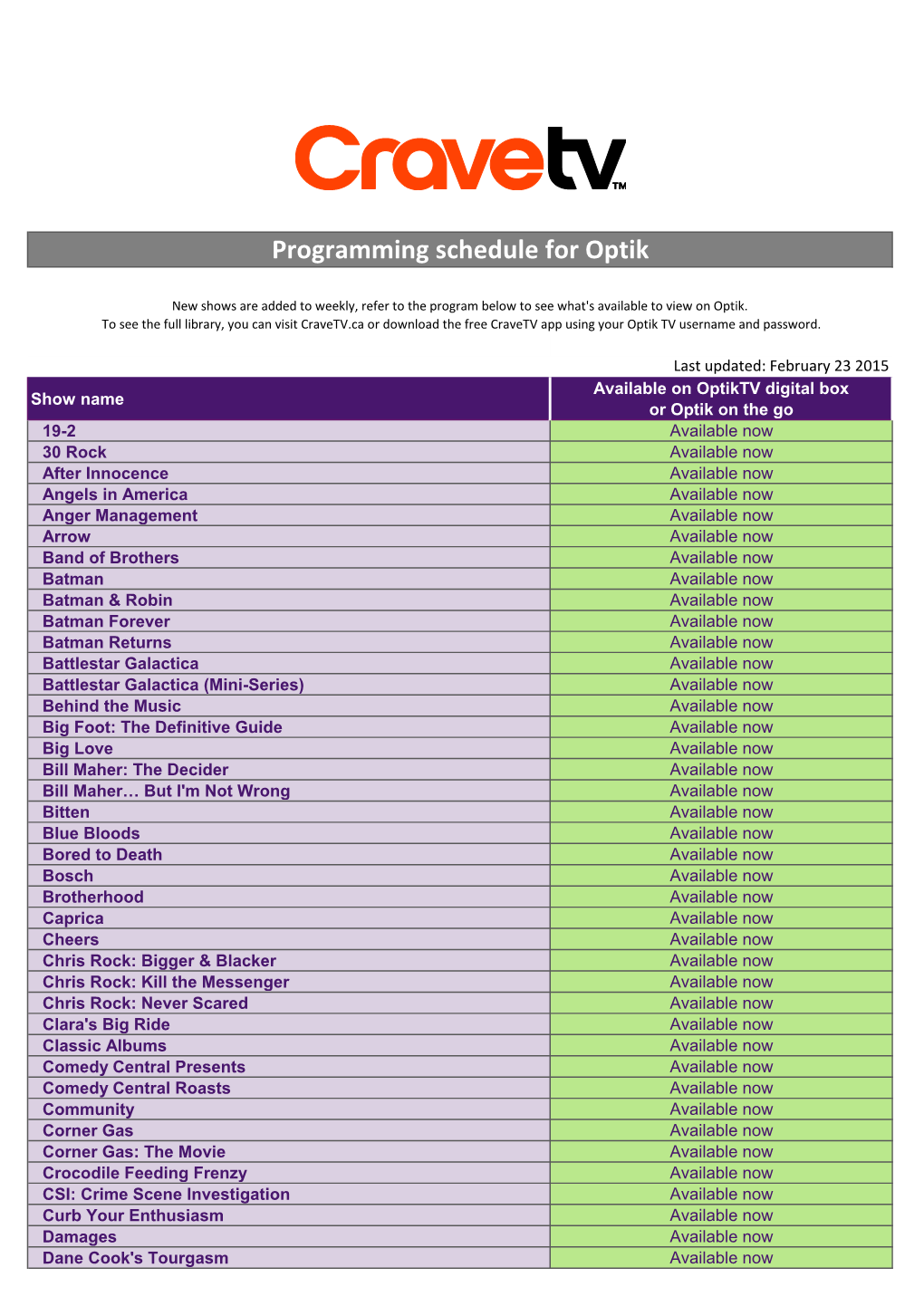 Programming Schedule for Optik