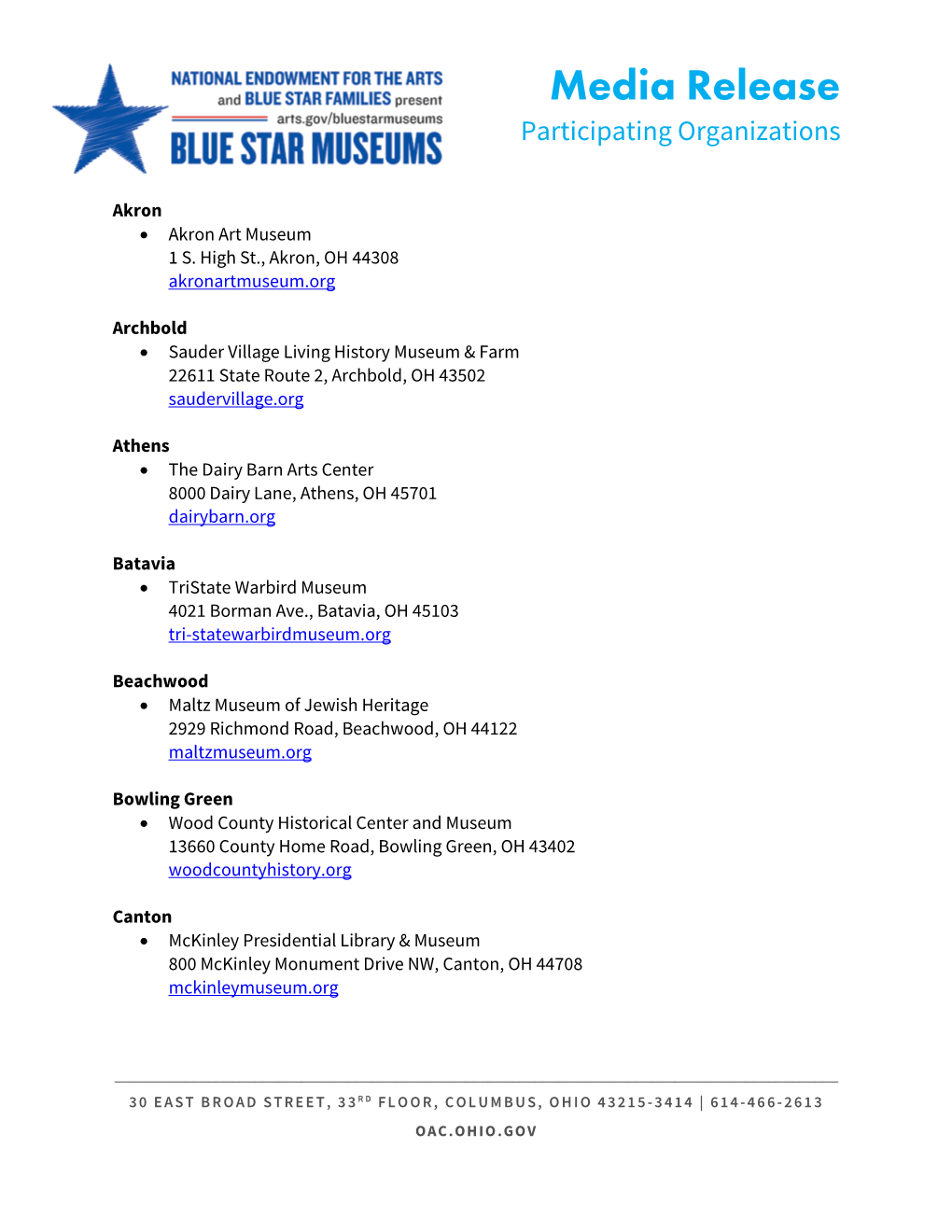 Blue Star Museums Media Release