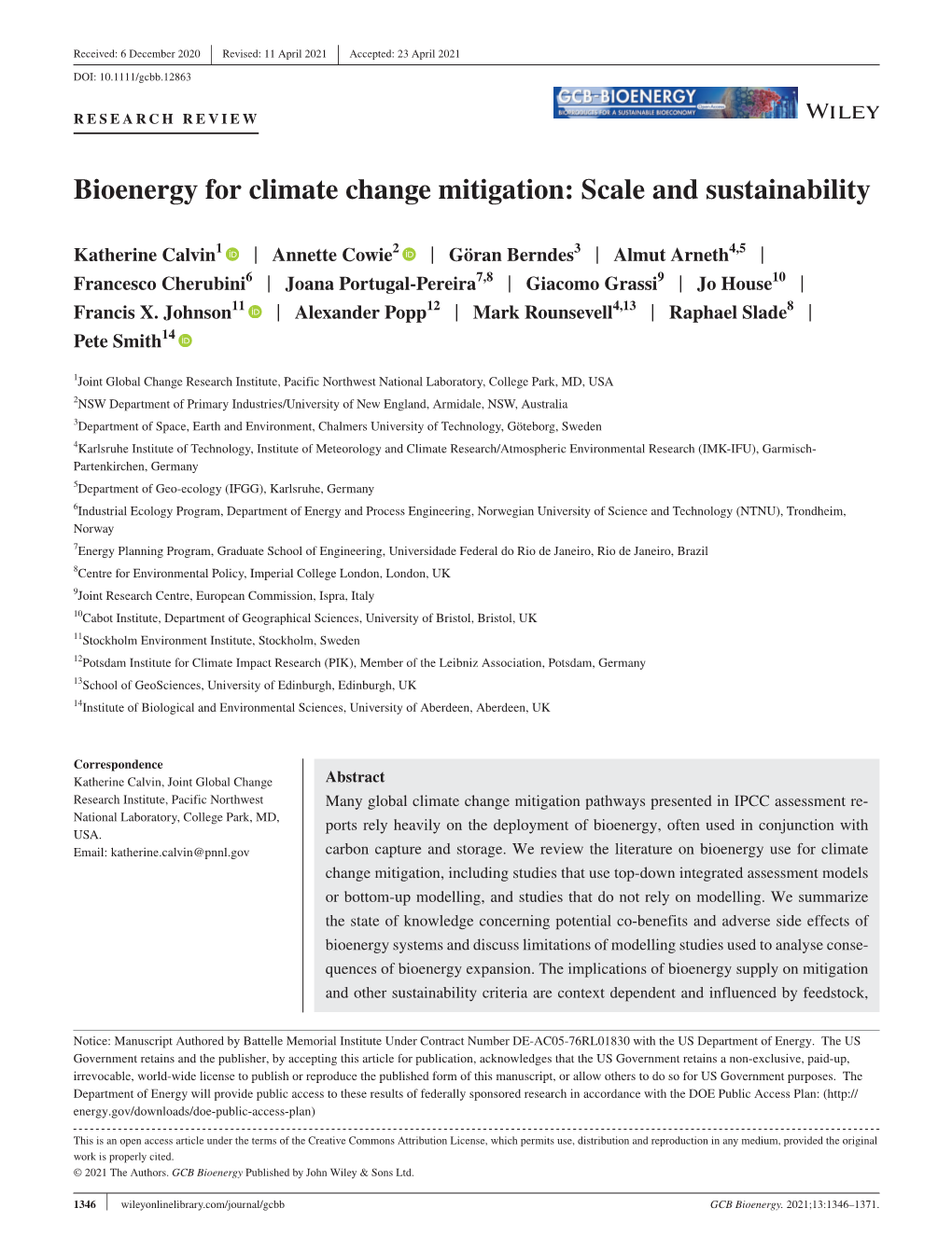 Bioenergy for Climate Change Mitigation: Scale and Sustainability