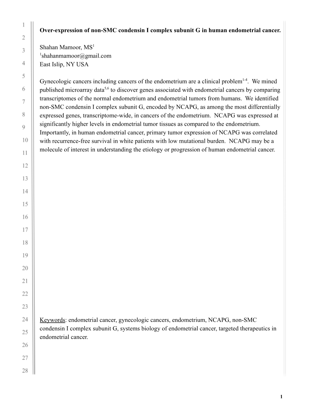 NCAPG Is Over-Expressed in Human Endometrial Cancer