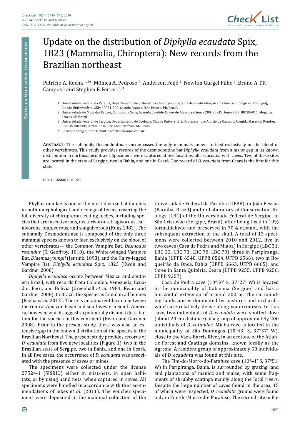 Chec List Update on the Distribution of Diphylla Ecaudata Spix, 1823