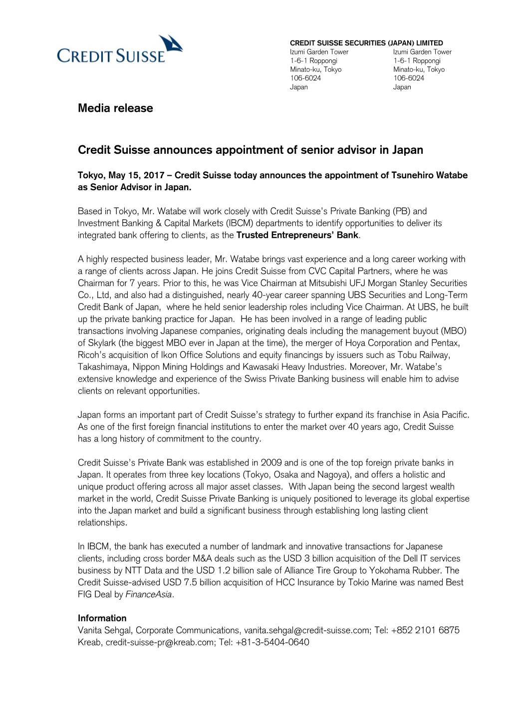 Credit Suisse Announces Appointment of Senior Advisor in Japan