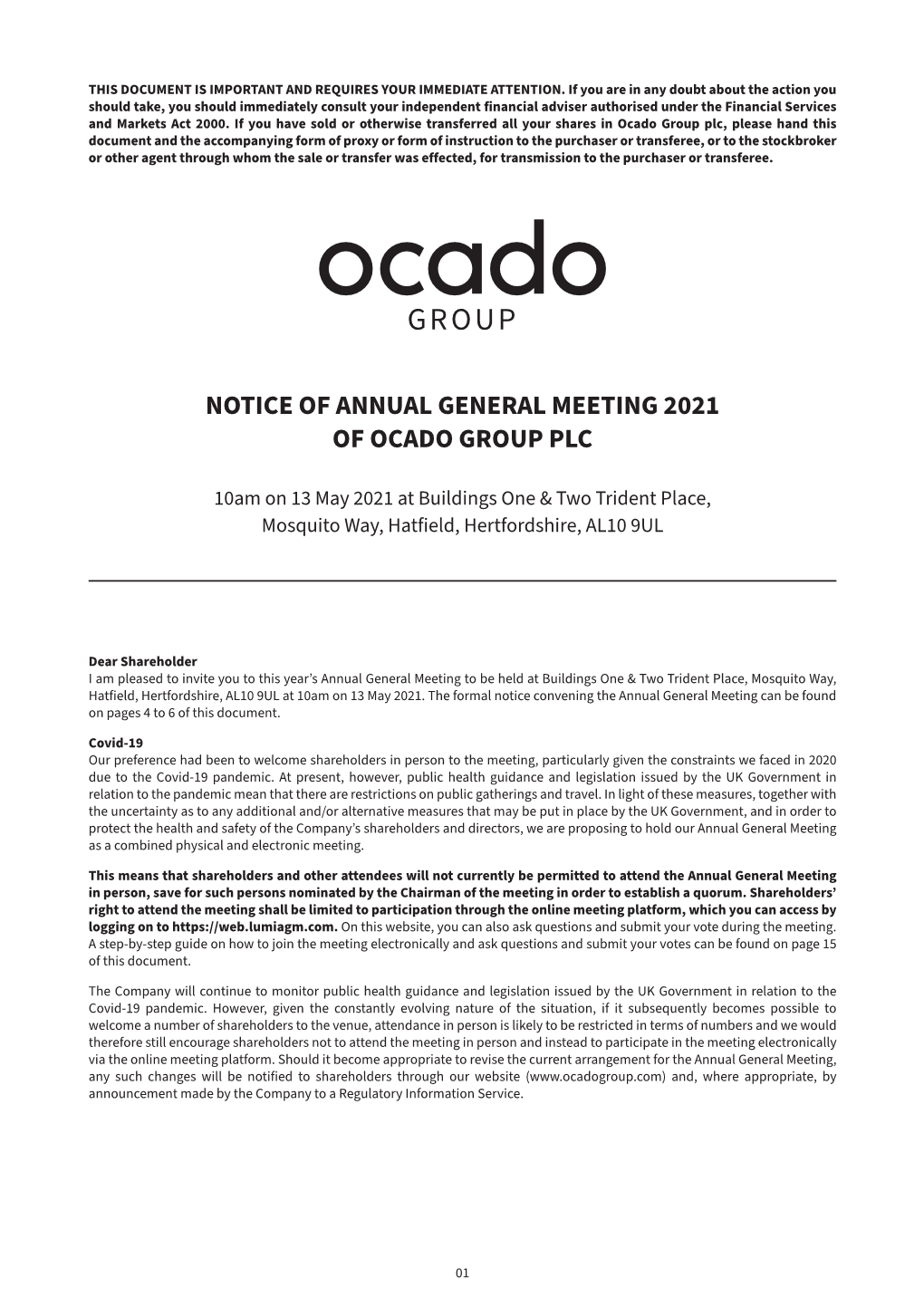 Notice of Annual General Meeting 2021 of Ocado Group Plc