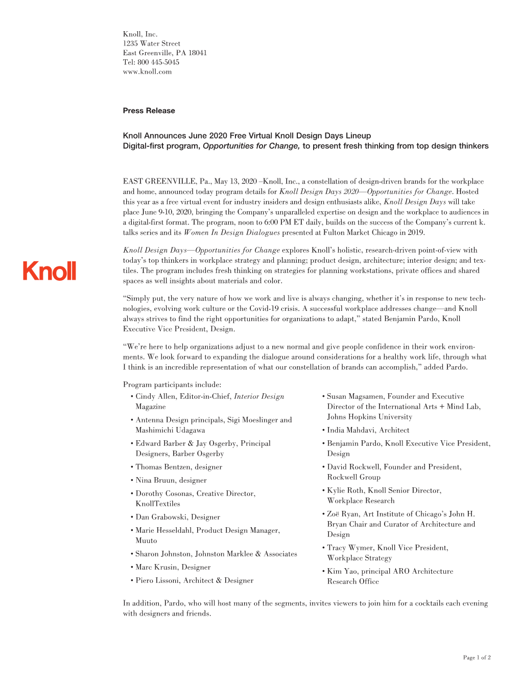 Knoll Bulletin Press Release 200513 KDD.Indd