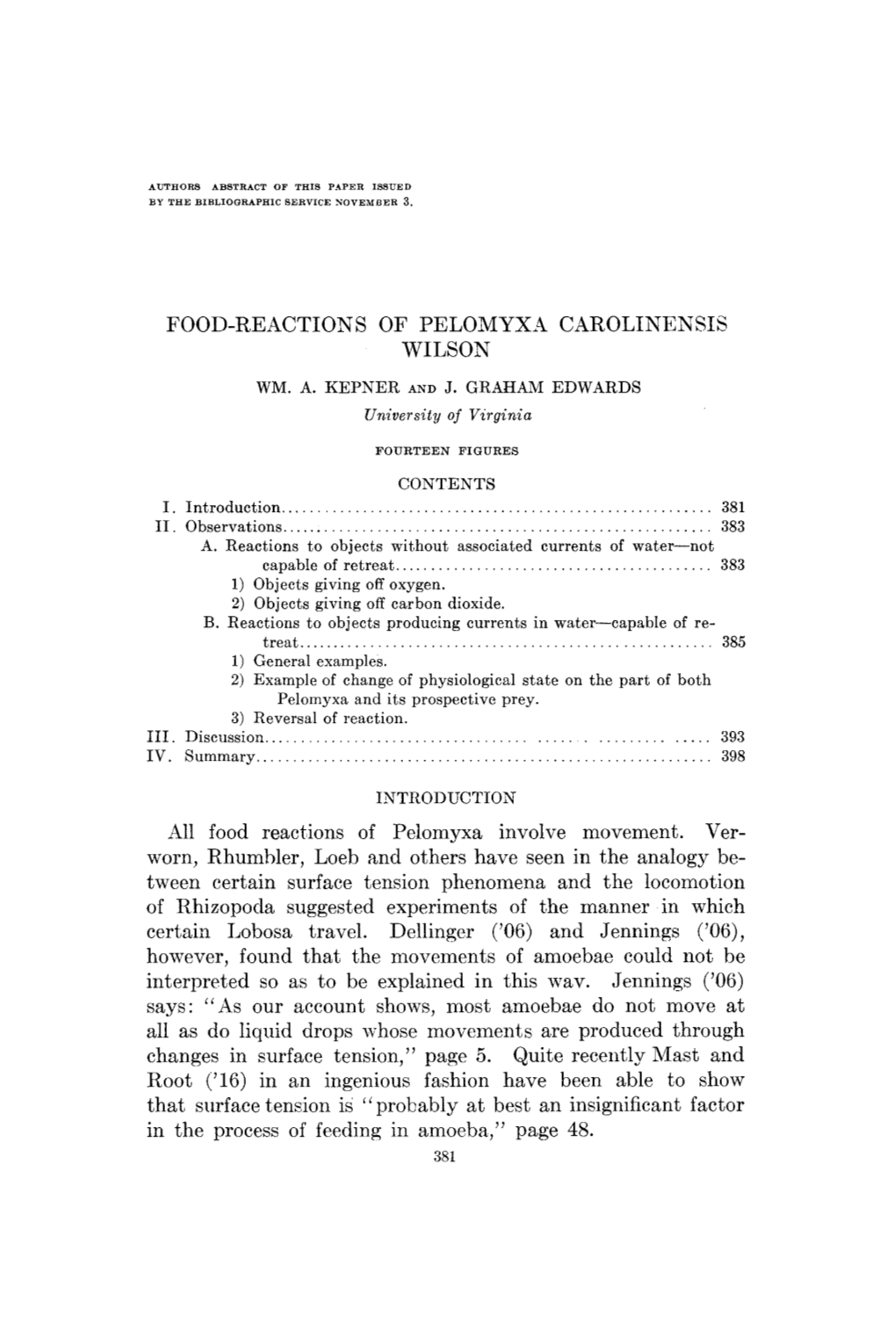 Food-Reactions of Pelomyxa Carolinensis Wilson