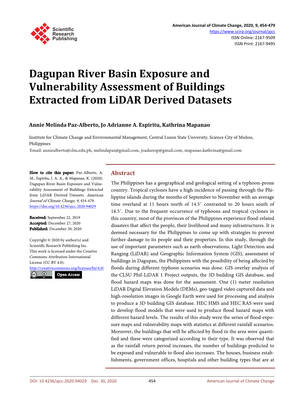 Dagupan River Basin Exposure and Vulnerability Assessment of Buildings Extracted from Lidar Derived Datasets