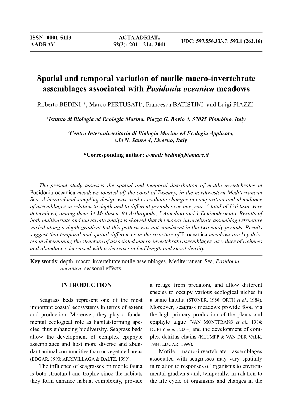 Spatial and Temporal Variation of Motile Macro-Invertebrate Assemblages Associated with Posidonia Oceanica Meadows