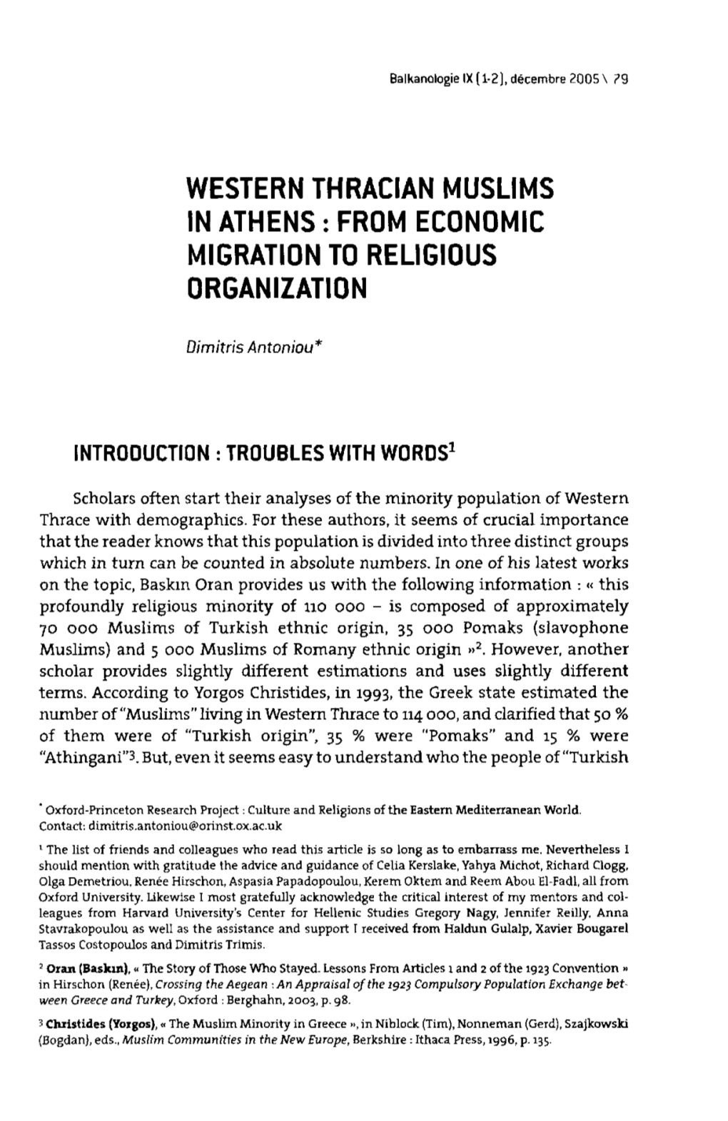 Western Thracian Muslims in Athens: from Economic Migration to Religious Organization