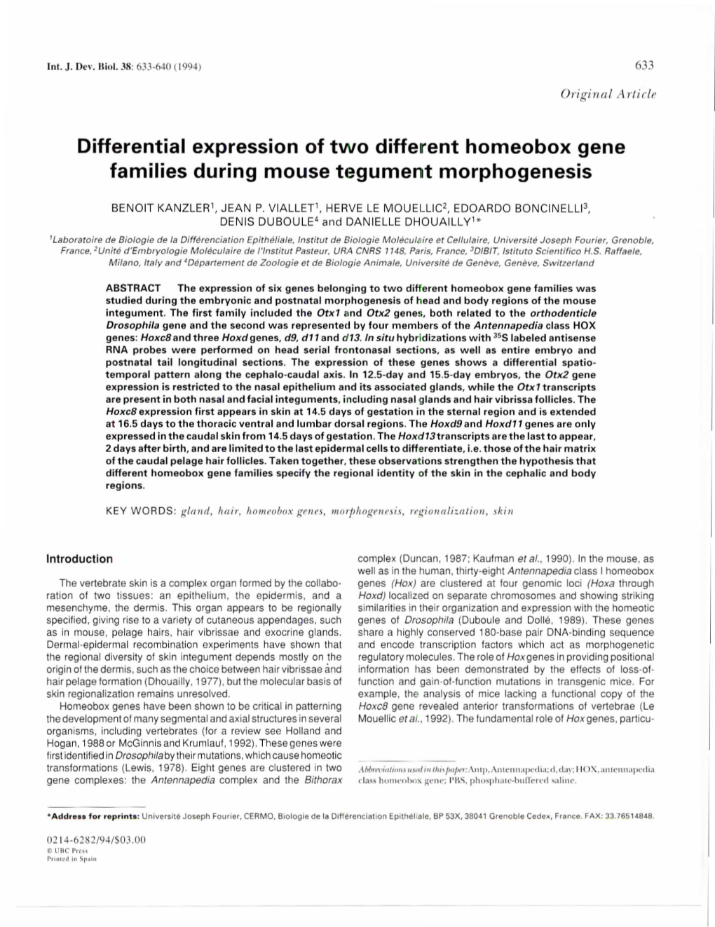 Differential Expression of Two Different Homeobox Gene Families During Mouse Tegument Morphogenesis