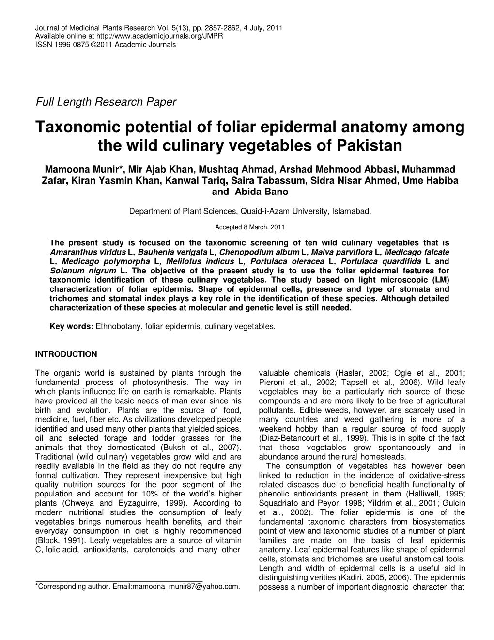 Taxonomic Potential of Foliar Epidermal Anatomy Among the Wild Culinary Vegetables of Pakistan
