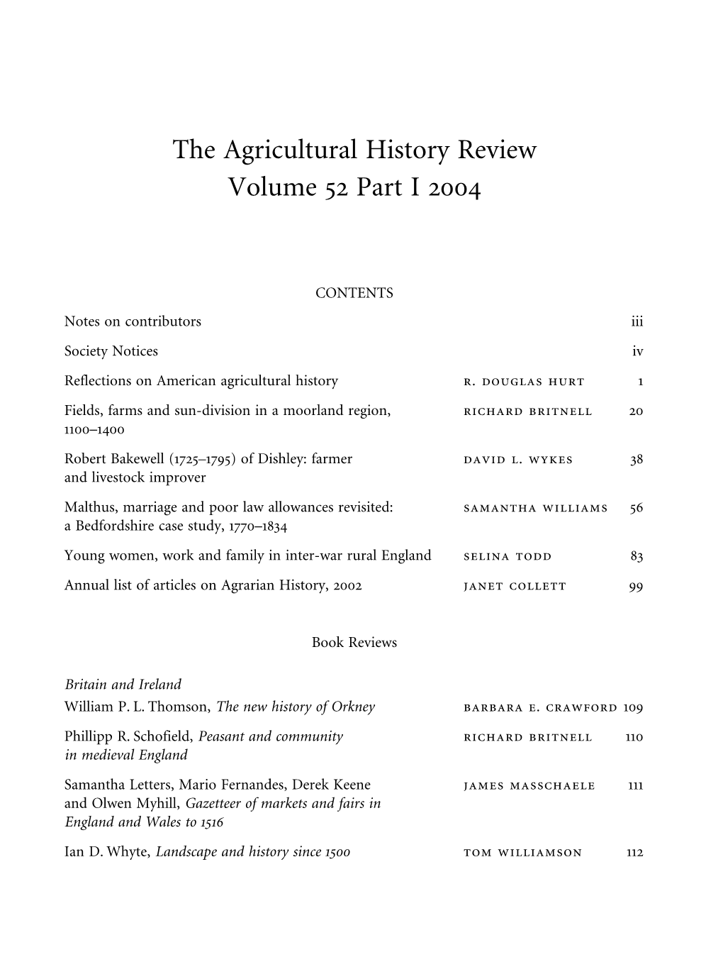 The Agricultural History Review Volume 52 Part I 2004