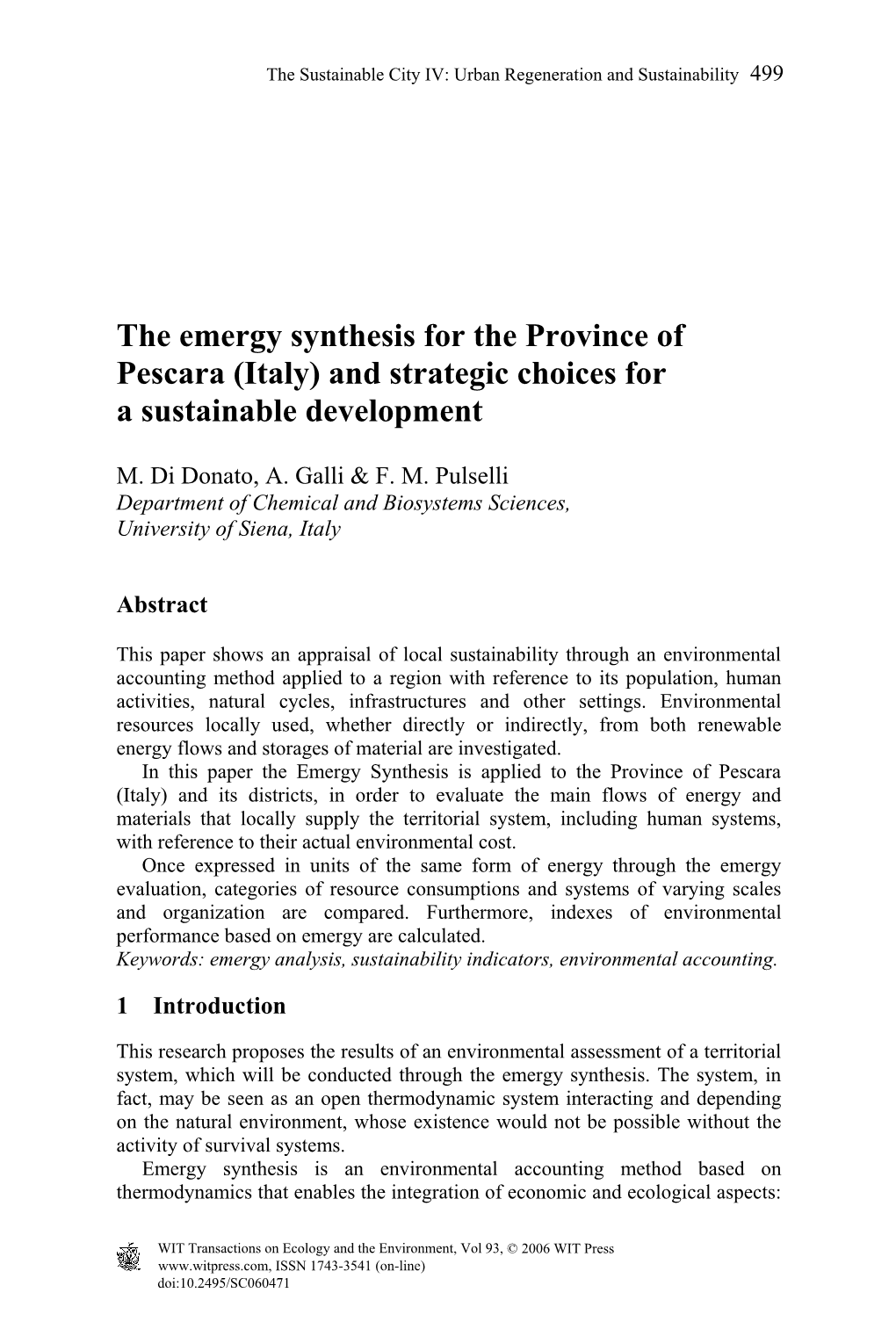 The Emergy Synthesis for the Province of Pescara (Italy) and Strategic Choices for a Sustainable Development