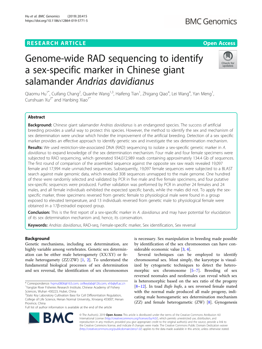 Genome-Wide RAD Sequencing to Identify a Sex-Specific Marker In