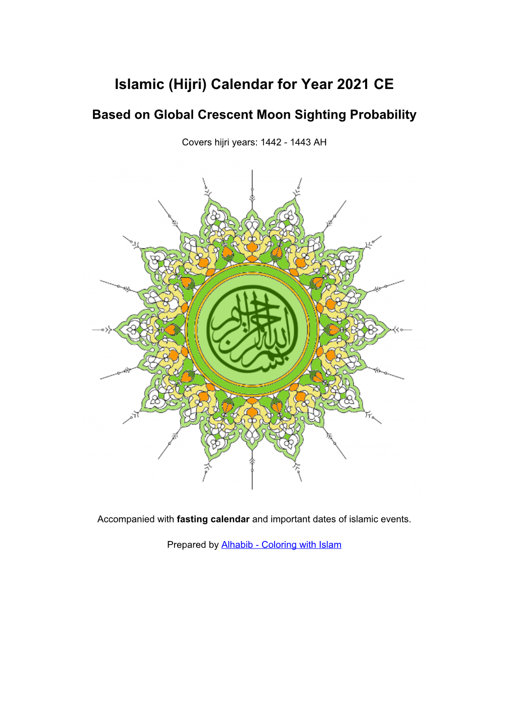 Global Islamic Calendar for Year 2021 CE