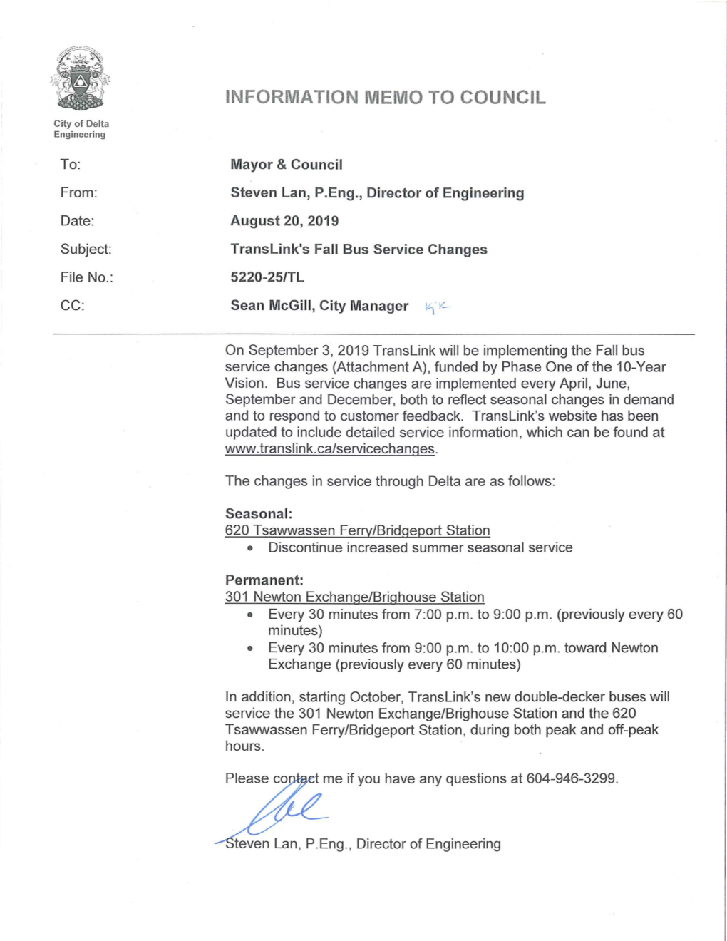 2019 Fall Transit Service Changes Translink.Ca/Servicechanges Effective September 3, 2019