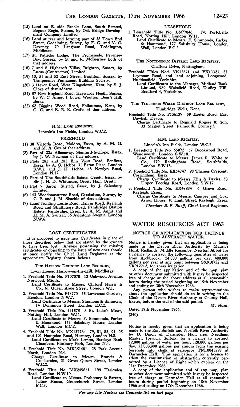The London Gazette, I?Th November 1966 12423 Water Resources Act 1963