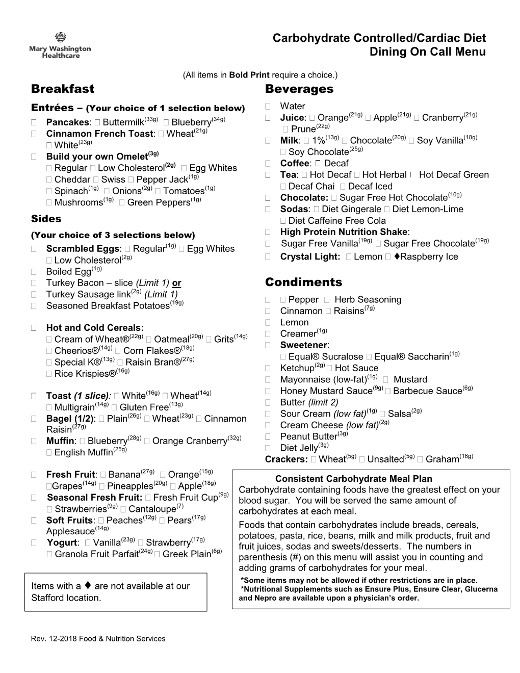 Carbohydrate Controlled/Cardiac Diet Menu