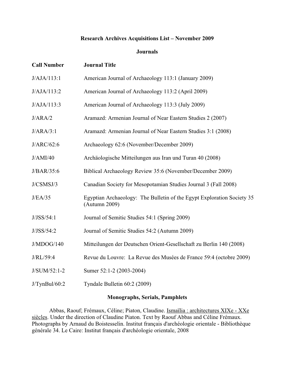 Research Archives Acquisitions List – November 2009 Journals Call
