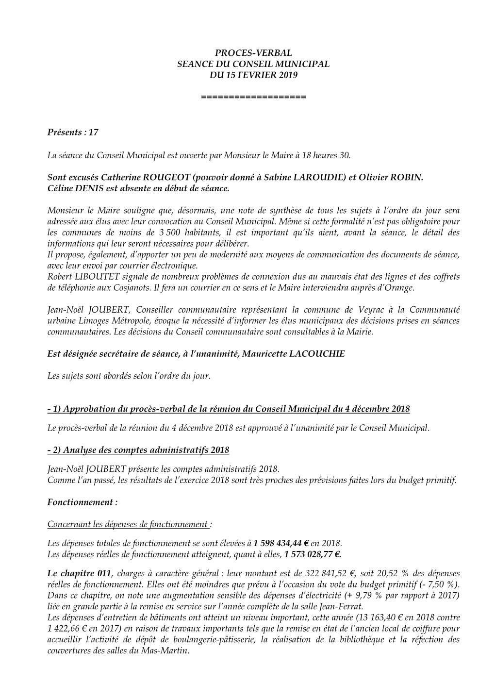 Proces-Verbal Seance Du Conseil Municipal Du 15 Fevrier 2019